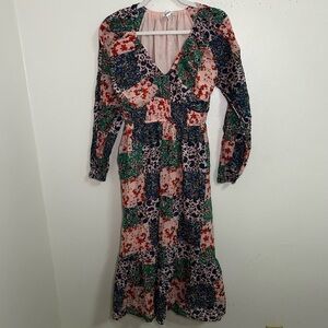 &Merci patchwork style floral long sleeve midi dress